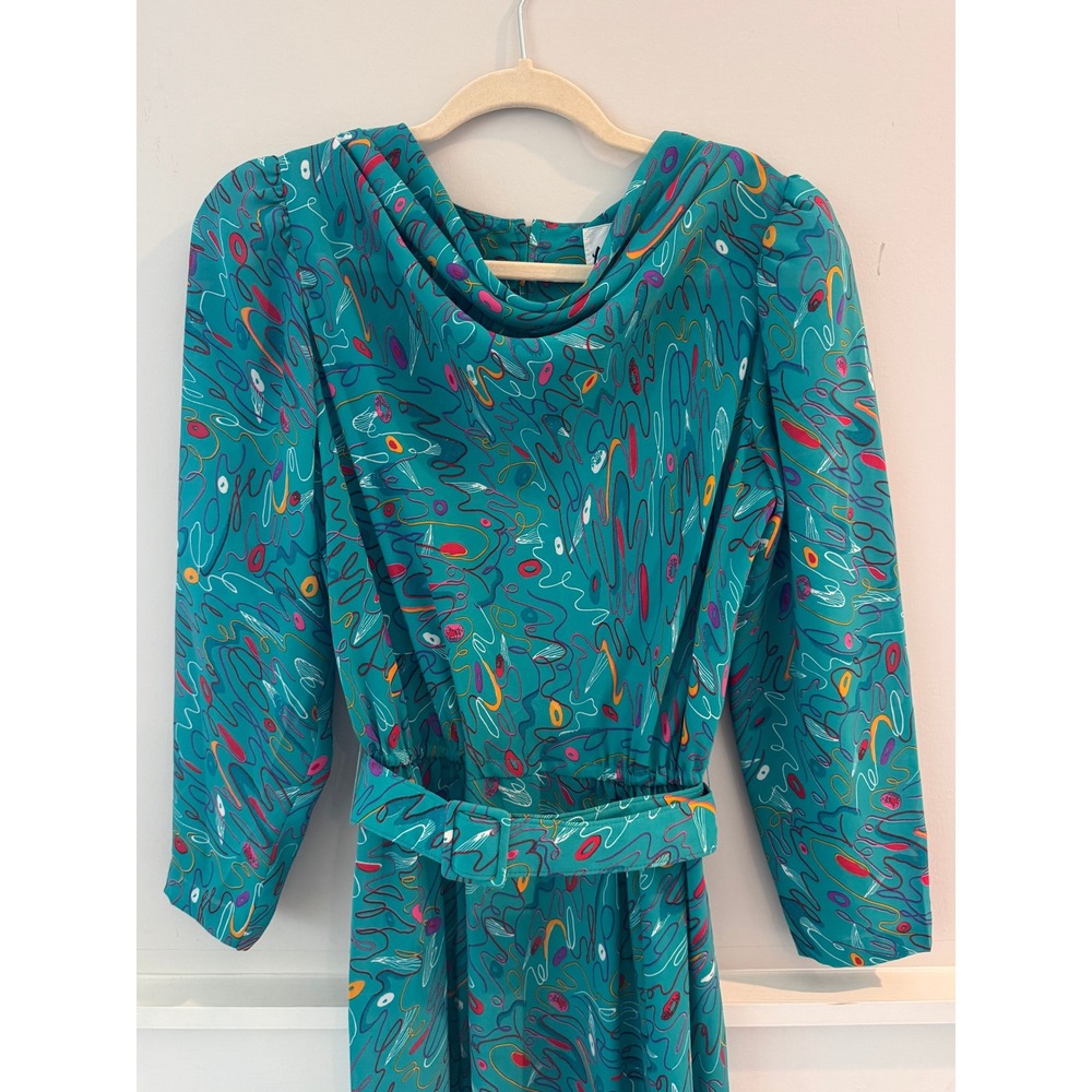 Vintage 80s Herman Marcus Dallas Teal Abstract Cowl Neck Belted Midi Dress 10 - Picture 1 of 10